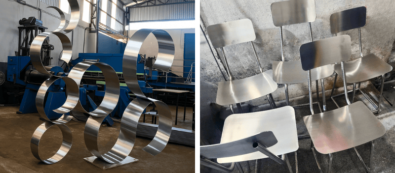 Obras produzidas com corte a laser em metal pela Arte Curvas: à esquerda, escultura artística composta por formas curvas e circulares; à direita, conjunto de cadeiras metálicas com design industrial moderno.